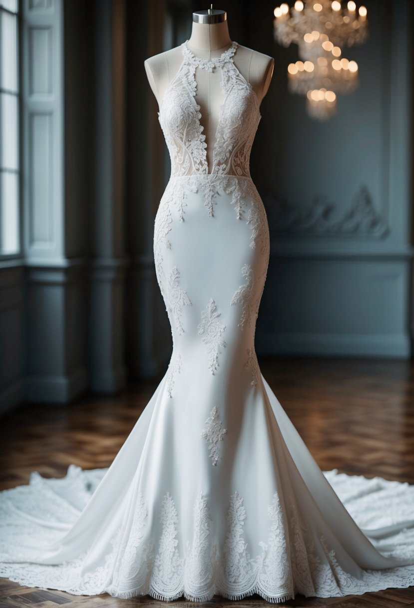 A mermaid halter gown with intricate lace details cascading down the bodice, flowing into a dramatic, sweeping train