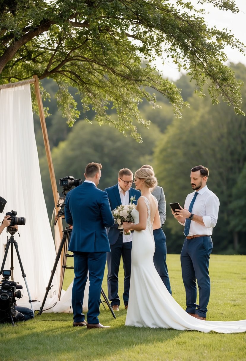 A couple's outdoor wedding setup is being rearranged due to strong winds, with photographers and videographers discussing alternative shooting locations