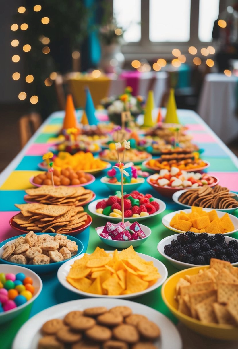 A colorful spread of favorite snacks arranged on a table, with small toy wedding props scattered among them