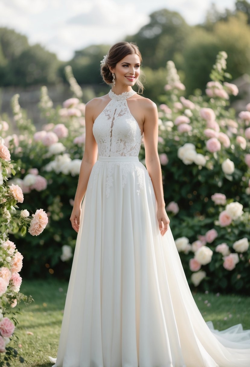 A bride stands in a classic high-neck halter wedding dress, with lace detailing and a flowing skirt, surrounded by blooming flowers