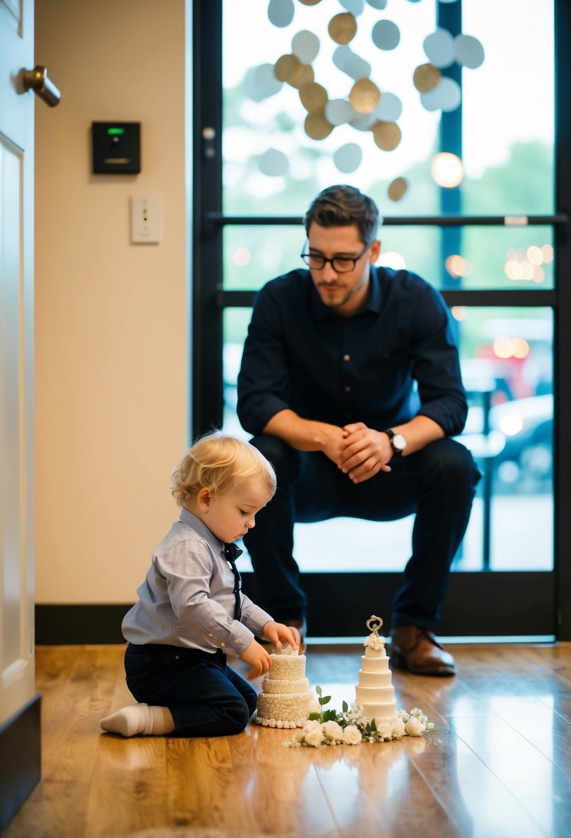 A parent sits near an exit, watching a toddler play with wedding decorations