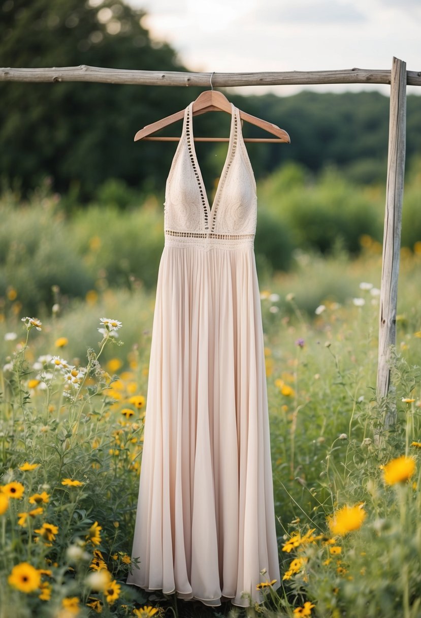 A boho halter dress with a flowing skirt hangs on a rustic wooden hanger, surrounded by wildflowers and greenery