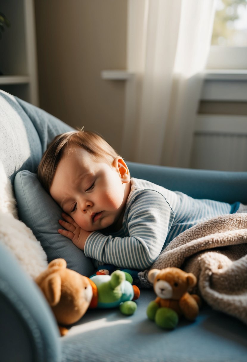 A toddler peacefully napping in a cozy, sunlit corner of a room, surrounded by soft toys and a favorite blanket