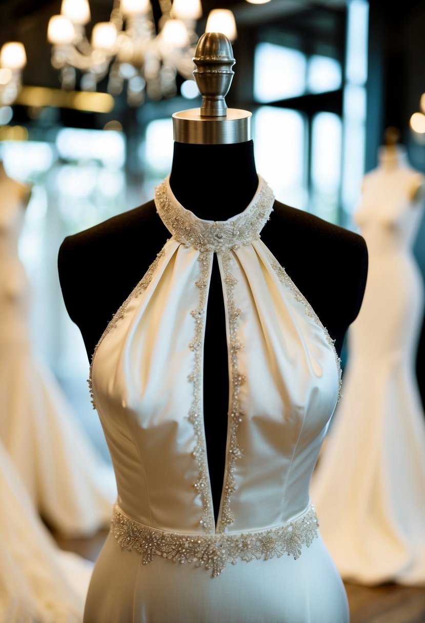 An elegant halter-neck silk gown drapes over a mannequin, adorned with delicate lace and intricate beading, showcasing wedding dress ideas