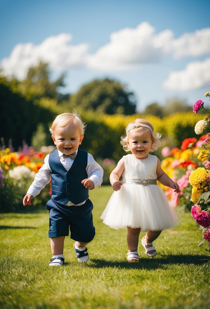 Two toddlers playing in a garden, wearing comfortable and stylish wedding attire, surrounded by colorful flowers and a sunny sky