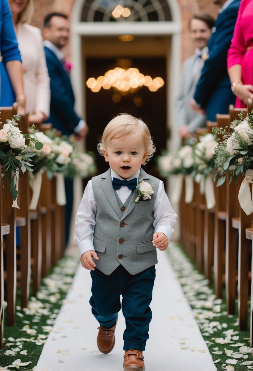 A toddler walks down the aisle, scattering flower petals