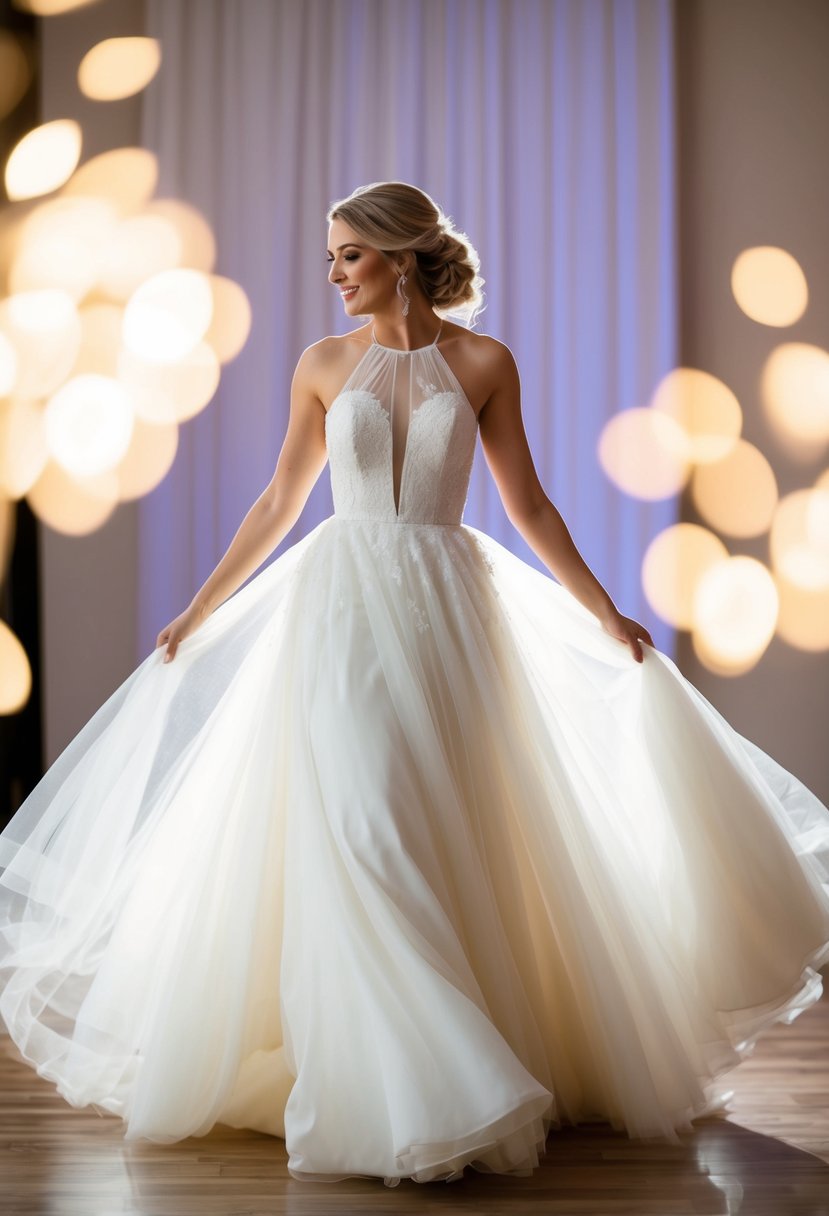 A bride twirls in a flowing A-line halter dress with a tulle overlay, surrounded by soft, romantic lighting