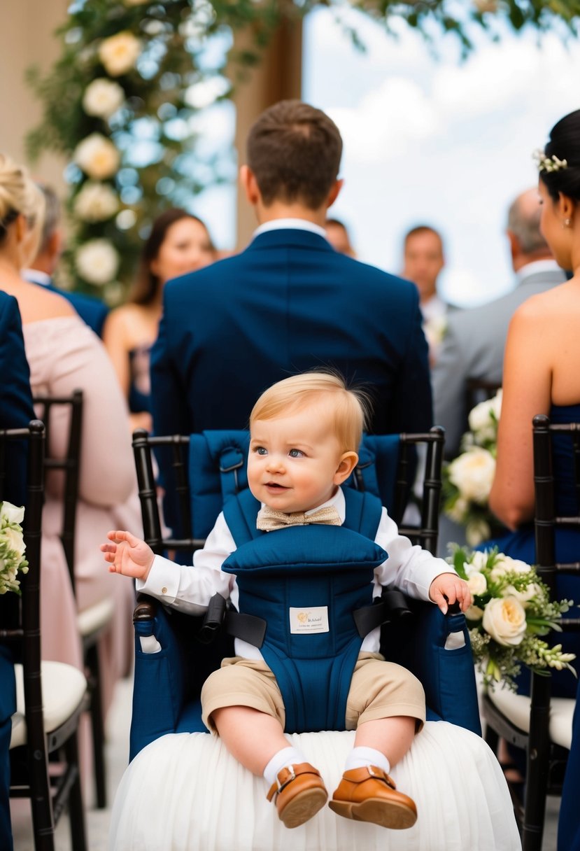 A toddler sits comfortably in a sling or baby carrier, watching as a wedding ceremony unfolds before them