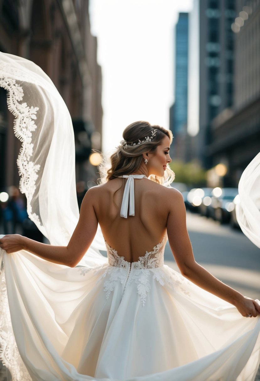 A modern bride twirls in an open back halter dress, surrounded by flowing fabric and delicate lace details