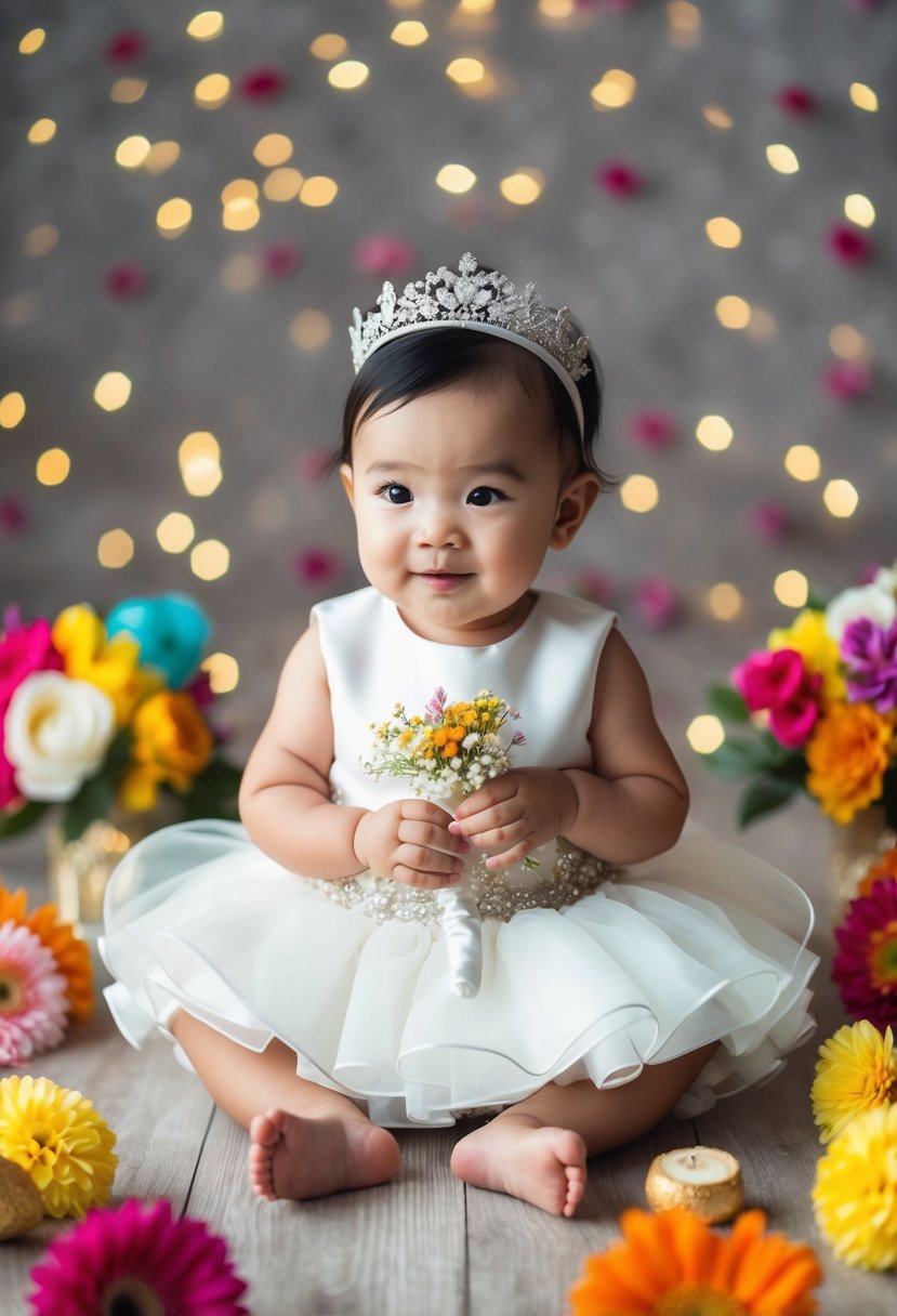 A toddler dressed in a tiny wedding outfit, surrounded by colorful props and flowers, posing for quick photography sessions