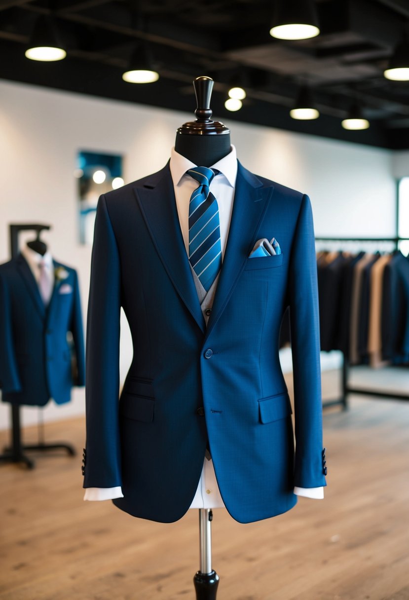 A sleek, tailored wedding suit displayed on a mannequin with a coordinating tie and pocket square