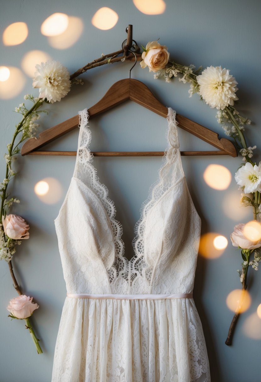 A vintage-inspired lace halter dress hangs on a rustic wooden hanger, surrounded by delicate floral accessories and soft, romantic lighting