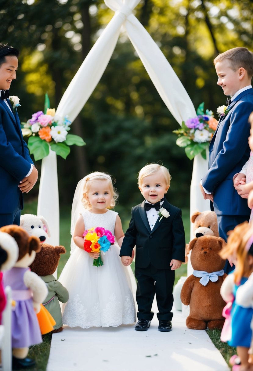 A toddler bride and groom stand under a makeshift altar, surrounded by stuffed animal guests. The bride holds a bouquet of colorful plastic flowers, and the groom wears a tiny tuxedo