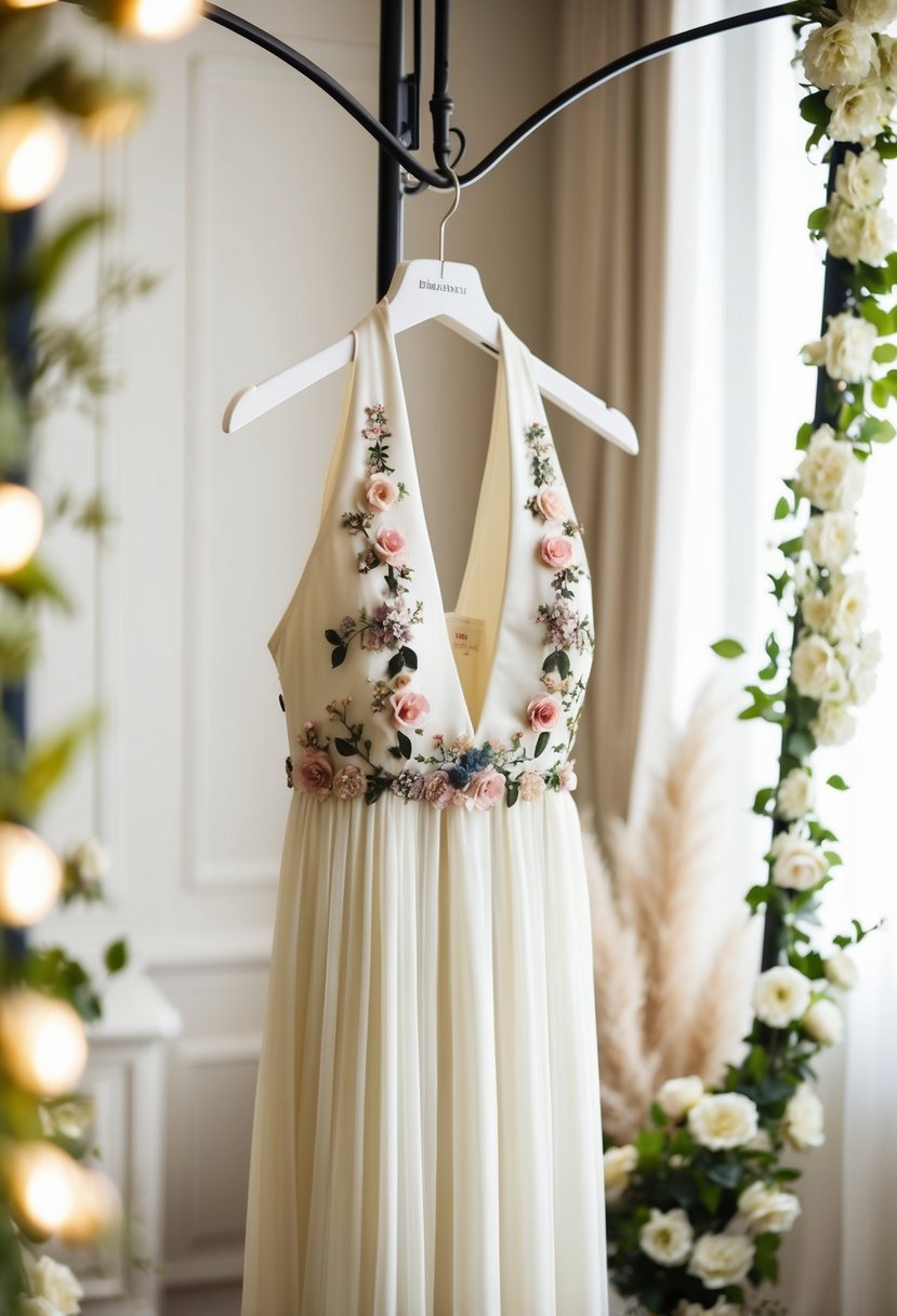 A chic halter dress with floral embellishments hangs on a mannequin, surrounded by soft lighting and elegant decor