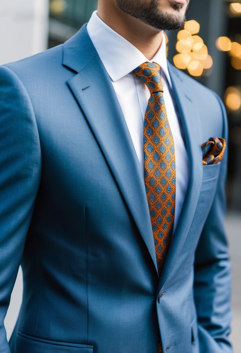 A sleek, modern suit with a slim fit and clean lines, paired with a bold patterned tie and pocket square