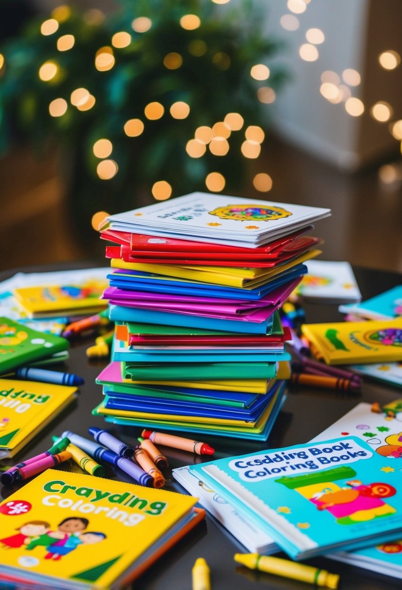 A colorful pile of toddler-friendly wedding coloring books and crayons scattered on a table