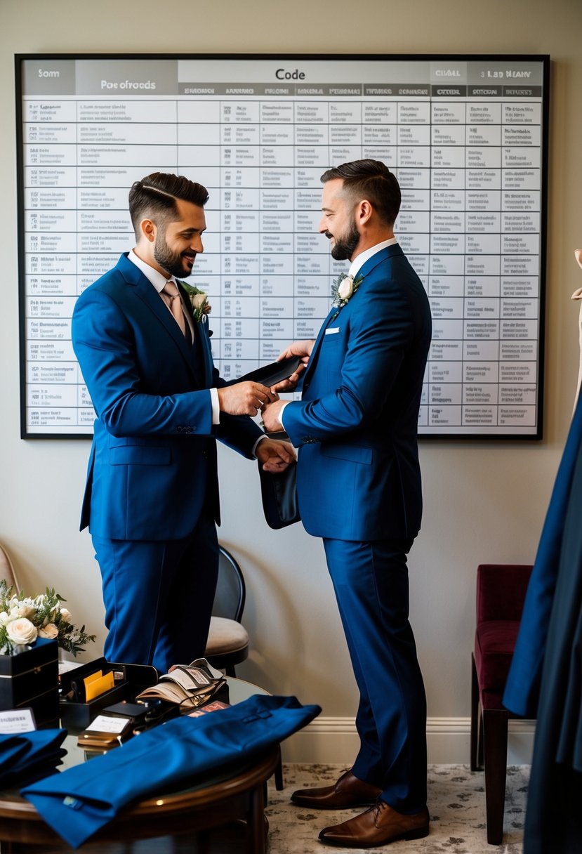 A groom selecting a suit, surrounded by various options and accessories, with a wedding dress code chart on the wall for reference