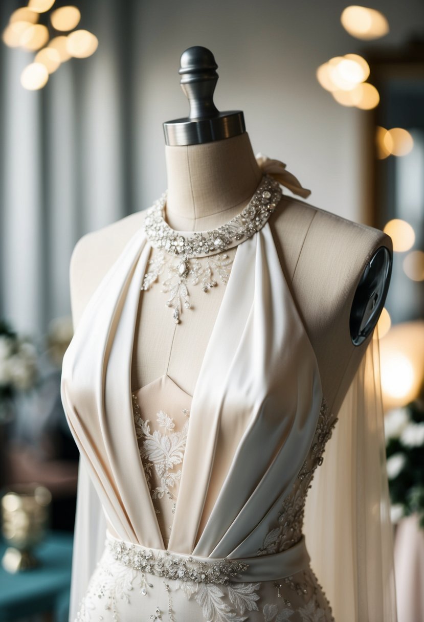 A flowing satin halter-neck wedding dress drapes over a mannequin, adorned with delicate lace and shimmering embellishments