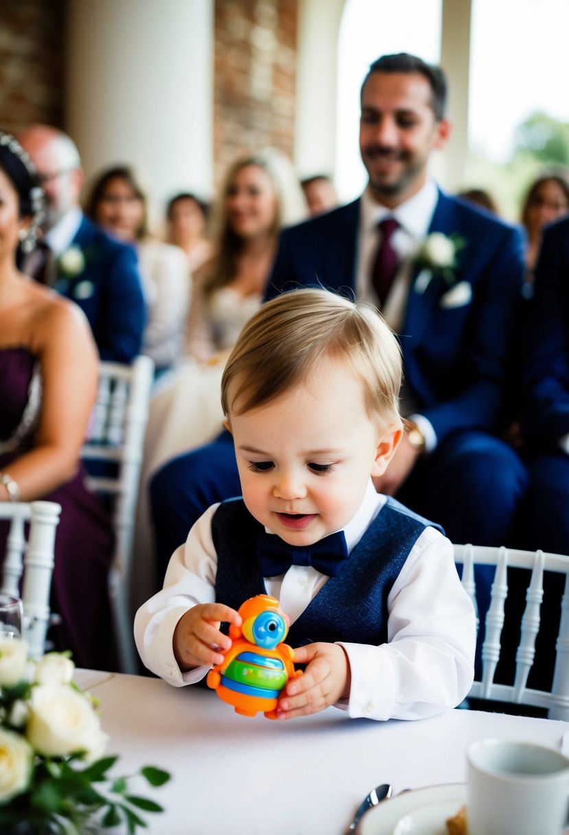 A toddler playing with a small, quiet toy while attending a wedding