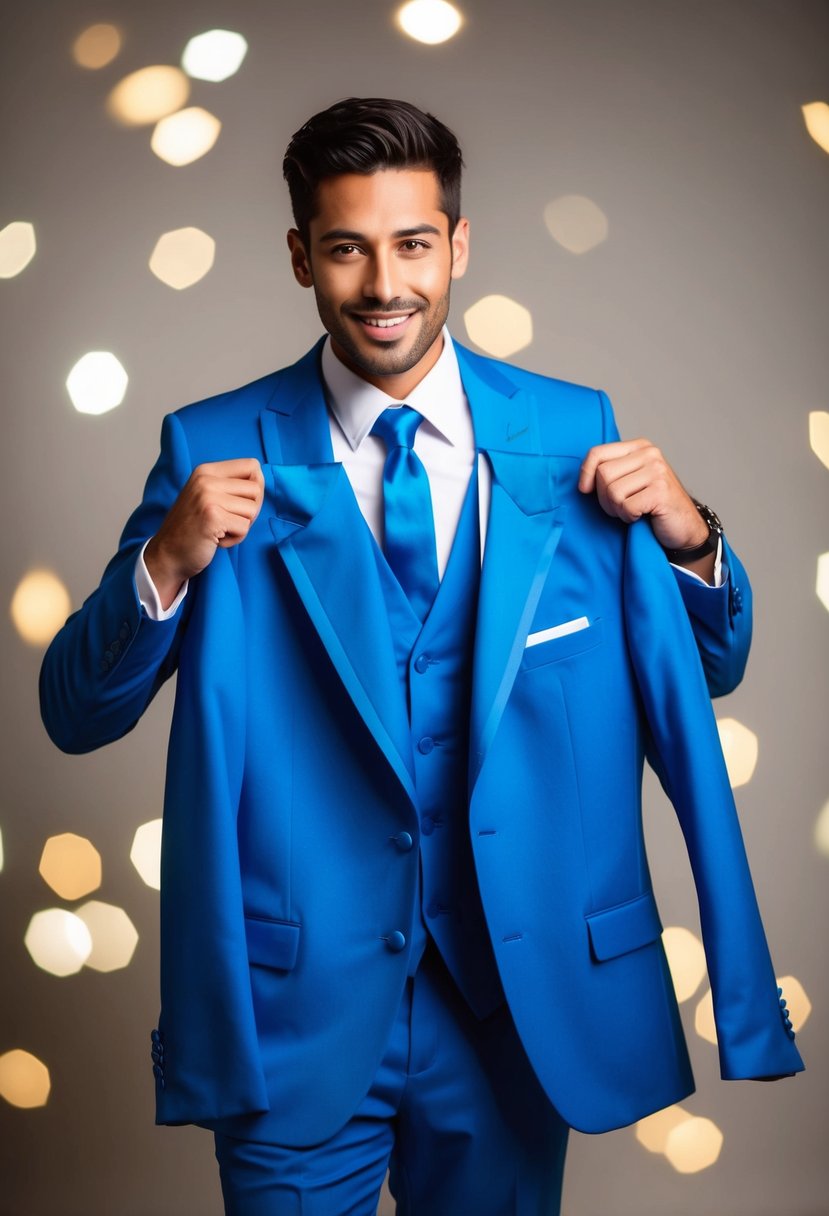 A groom holding up a vibrant blue suit, with a confident and charismatic expression on his face