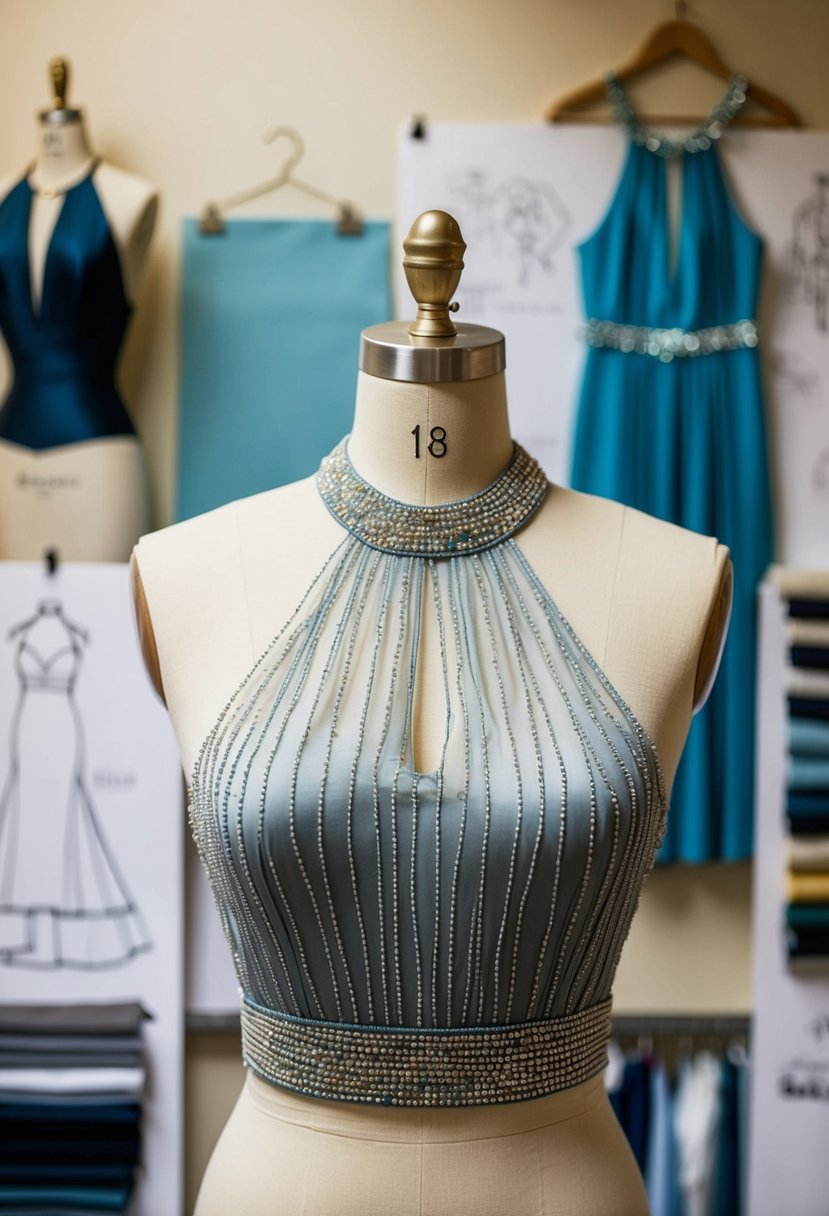 A halter dress with a beaded neckline hangs on a mannequin, surrounded by sketches and fabric swatches