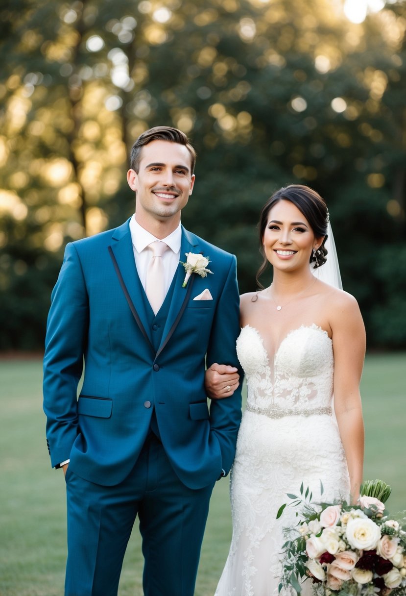 A groom in a matching suit stands next to the bride, both smiling