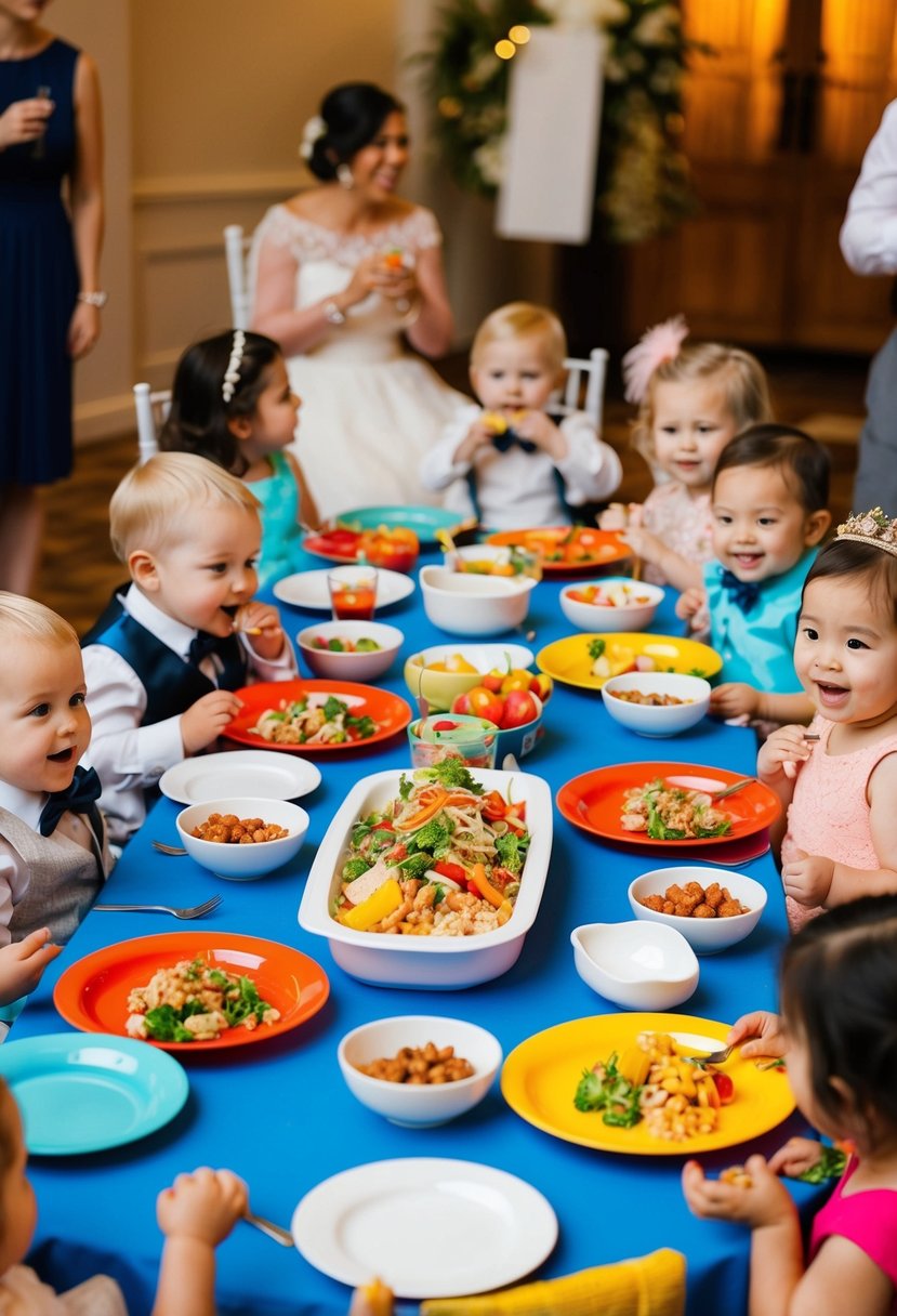 A table set with colorful plates and bowls of food, surrounded by happy toddlers eating together before a wedding ceremony