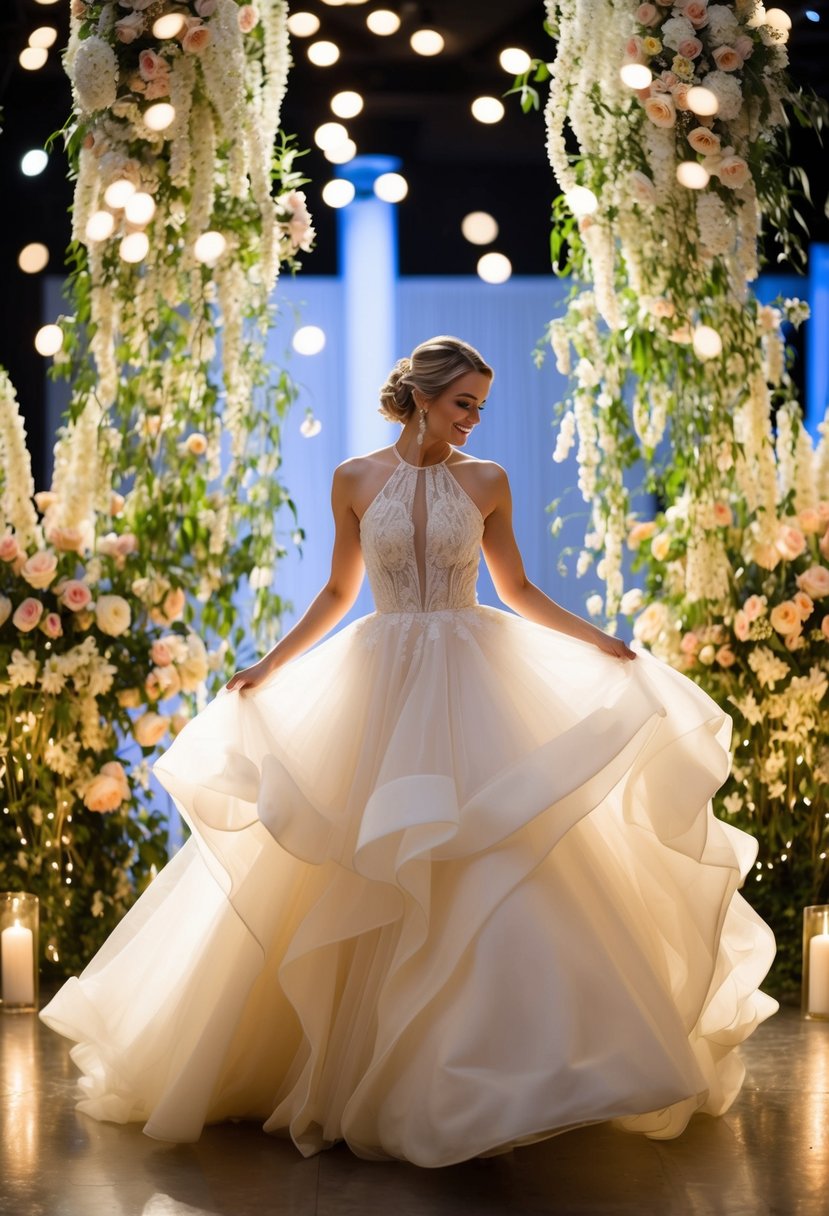 A bride twirls in a flowing halter ball gown, surrounded by cascading flowers and twinkling lights