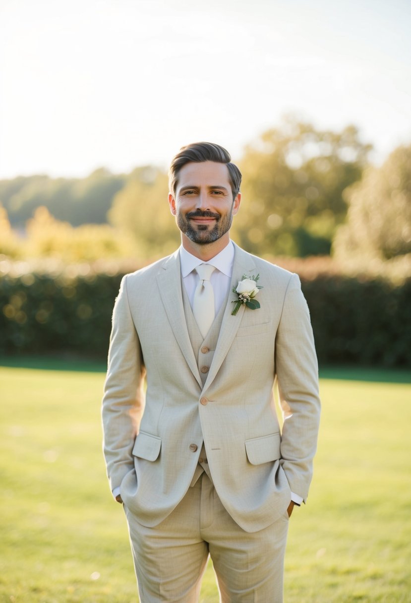 A groom stands in a breezy outdoor setting, wearing a lightweight linen suit in a soft, neutral color. The sun shines down, casting a warm glow on the scene