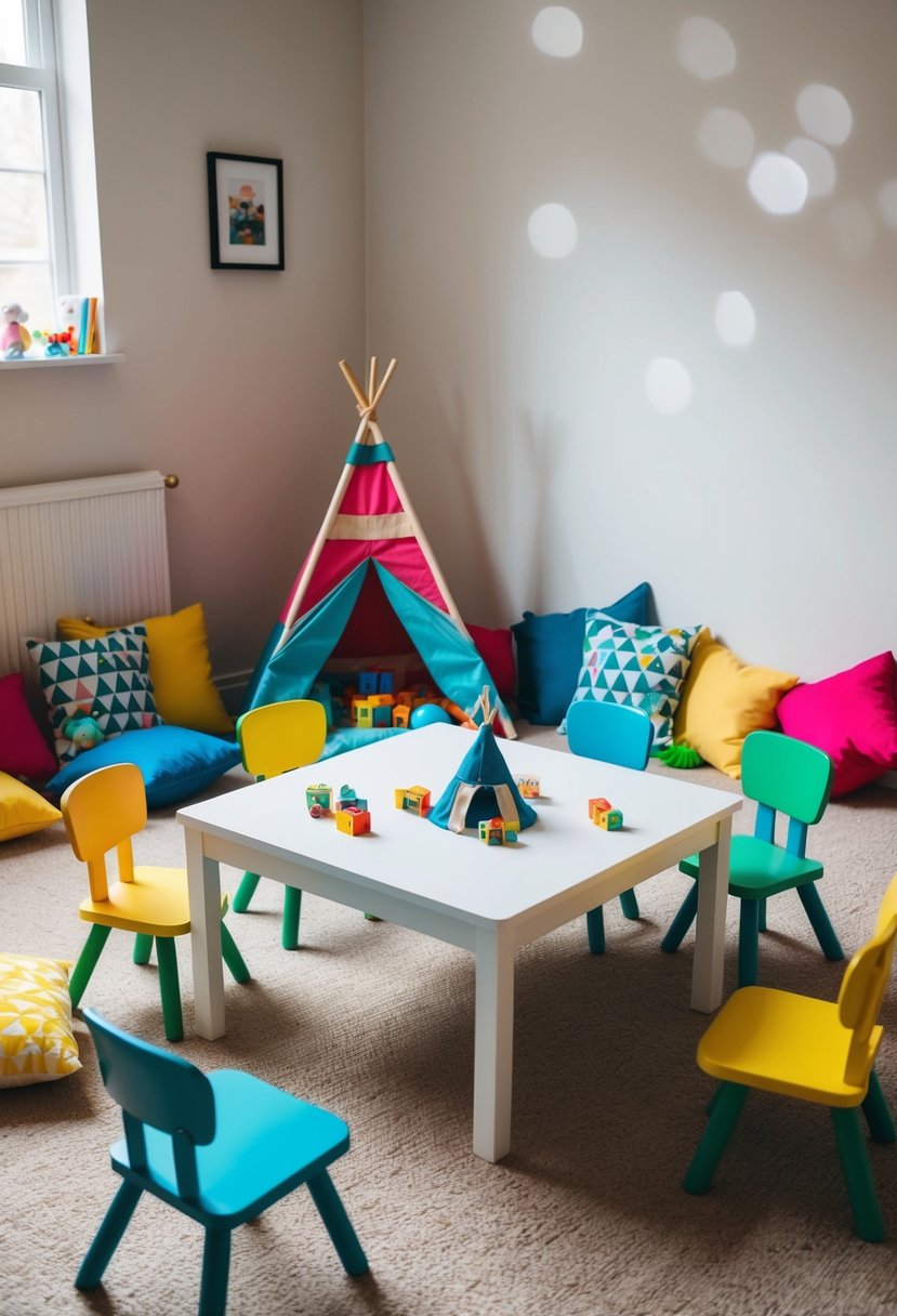 A low table surrounded by small chairs, with colorful cushions and toys scattered around. A small teepee or playhouse in the corner