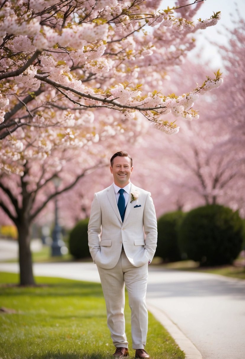 A groom in a lightweight linen suit stands under a blooming cherry blossom tree in spring