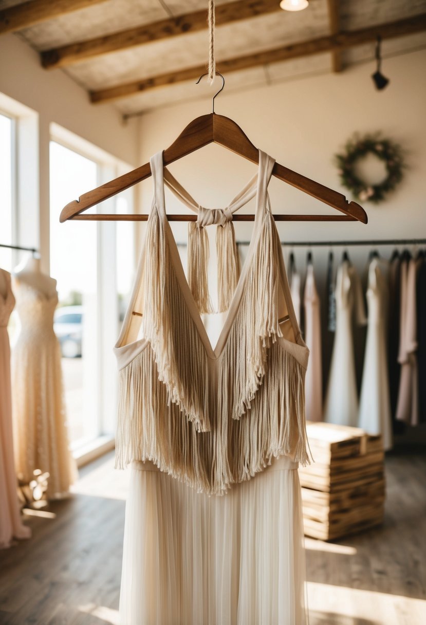 A rustic halter-neck wedding dress with a fringe halter top hangs on a wooden hanger in a sunlit bohemian bridal boutique