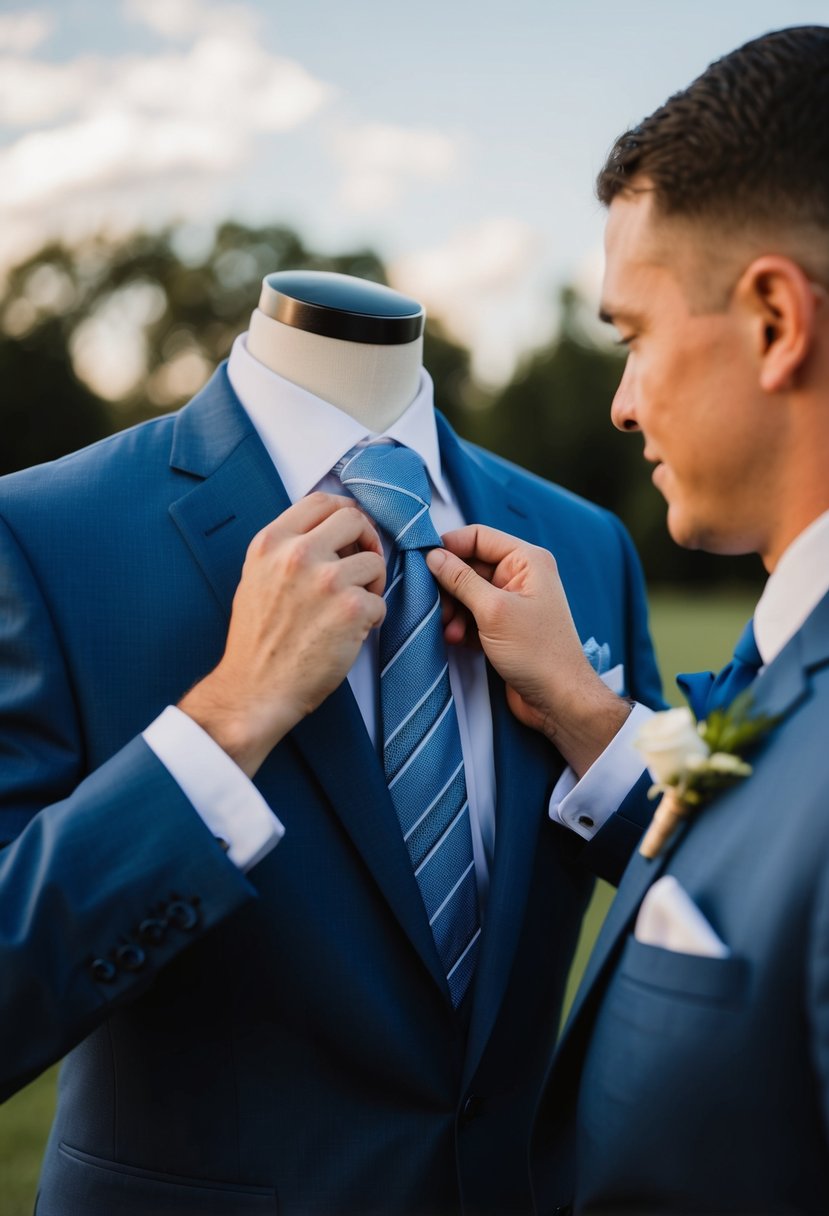 A groom adjusting his tie to complement his wedding suit