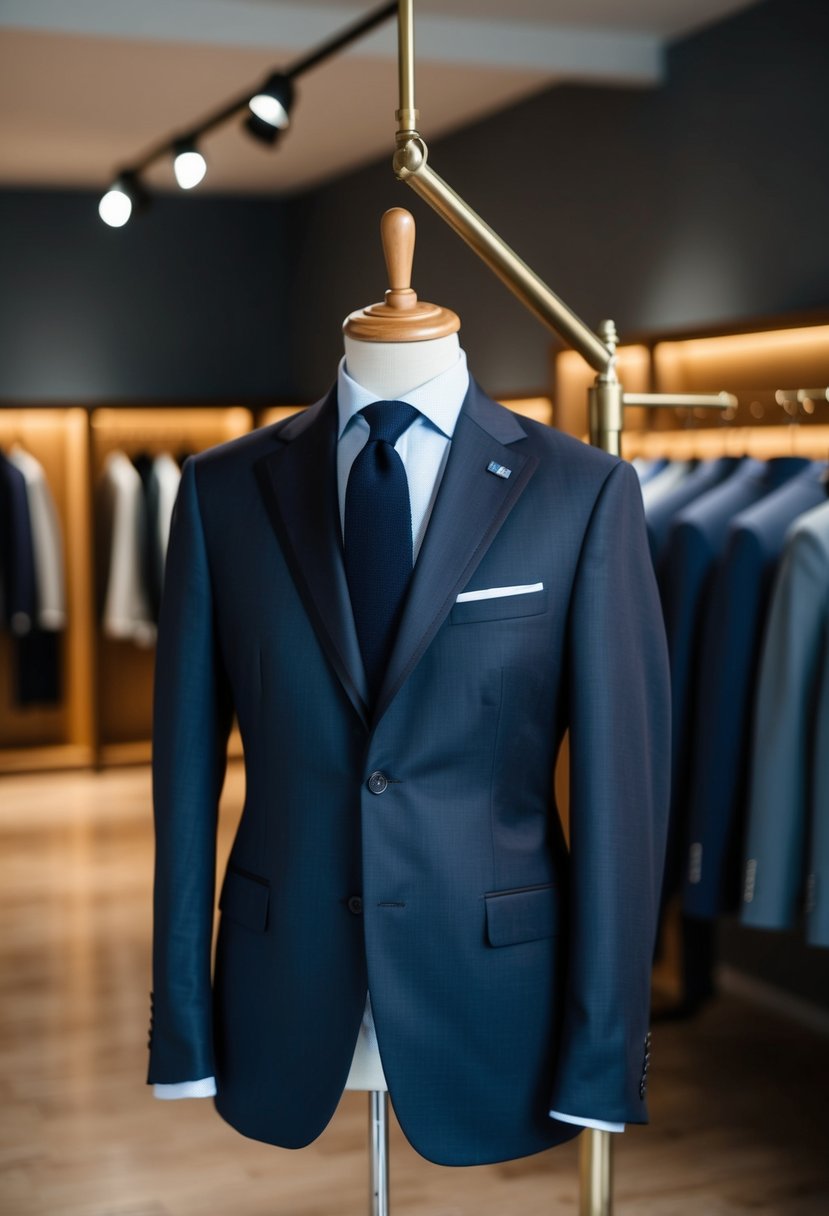 A navy and charcoal suit hanging on a tailor's mannequin