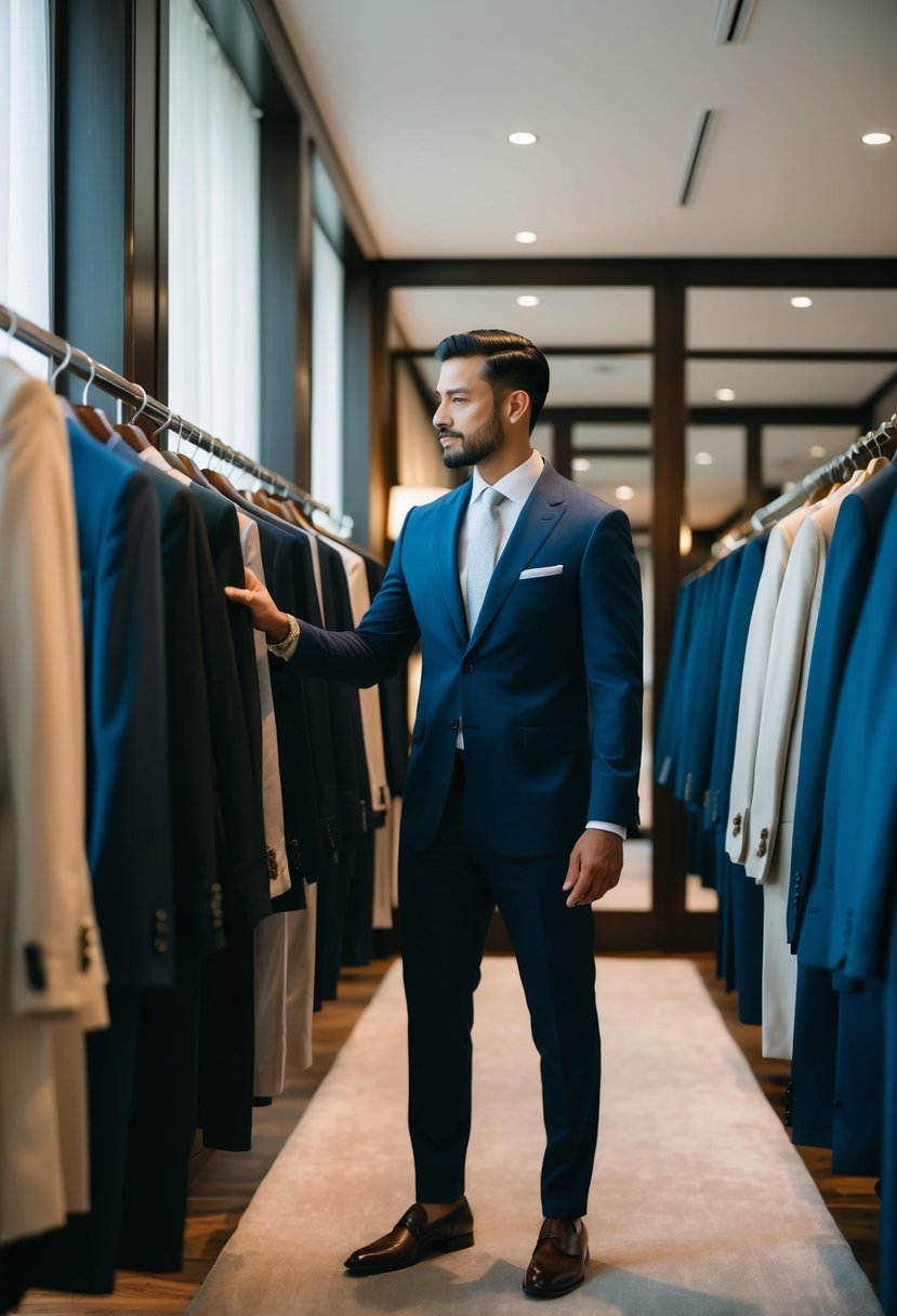 A man carefully selects a suit from a row of elegant options in a well-lit and spacious dressing room