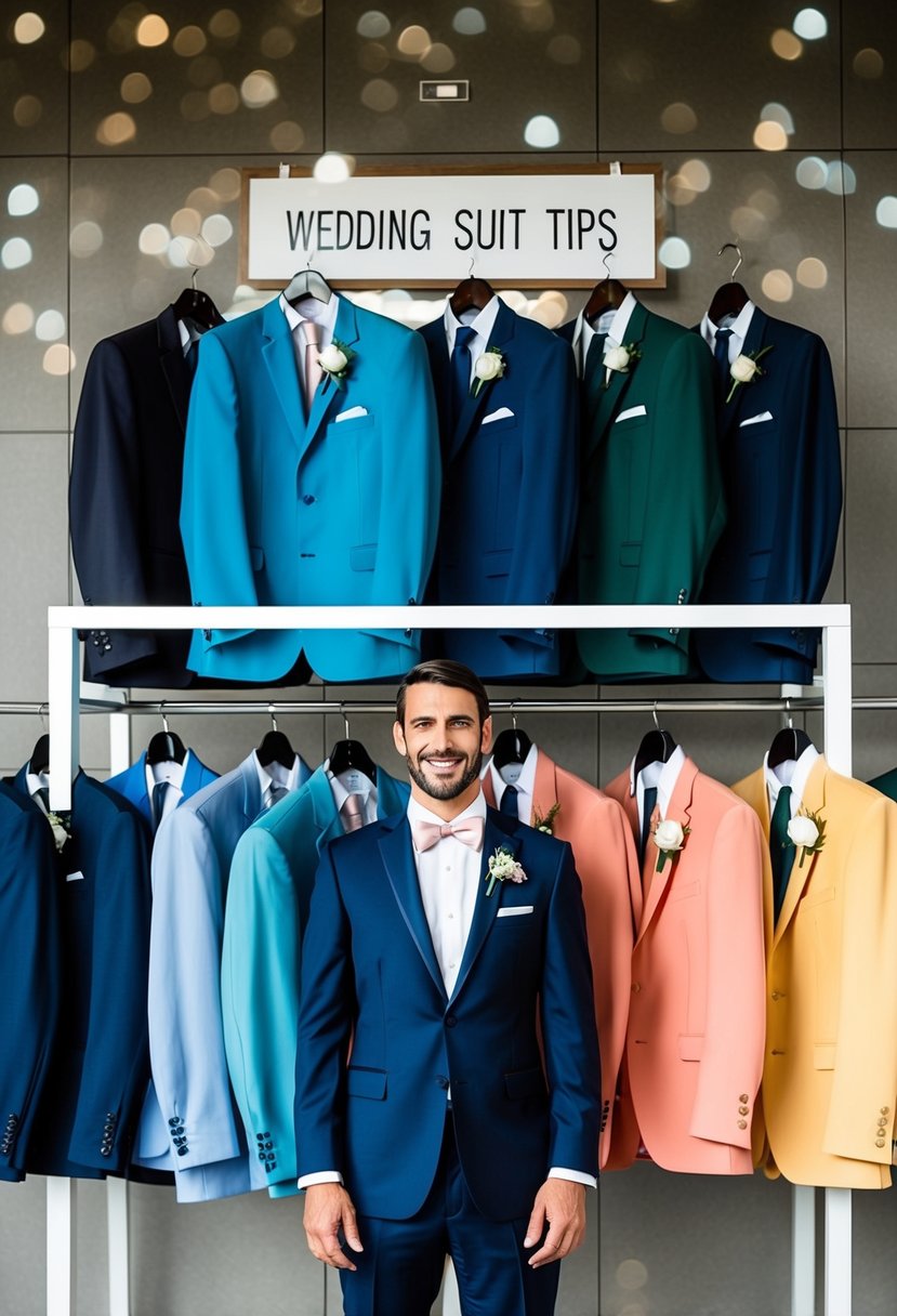 A groom standing in front of a row of matching suits, each in a different color, with a sign reading "Wedding Suit Tips" above them