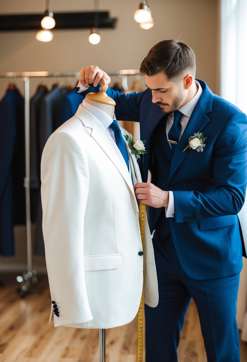 A tailor carefully measures and adjusts a wedding suit on a mannequin, ensuring a perfect fit