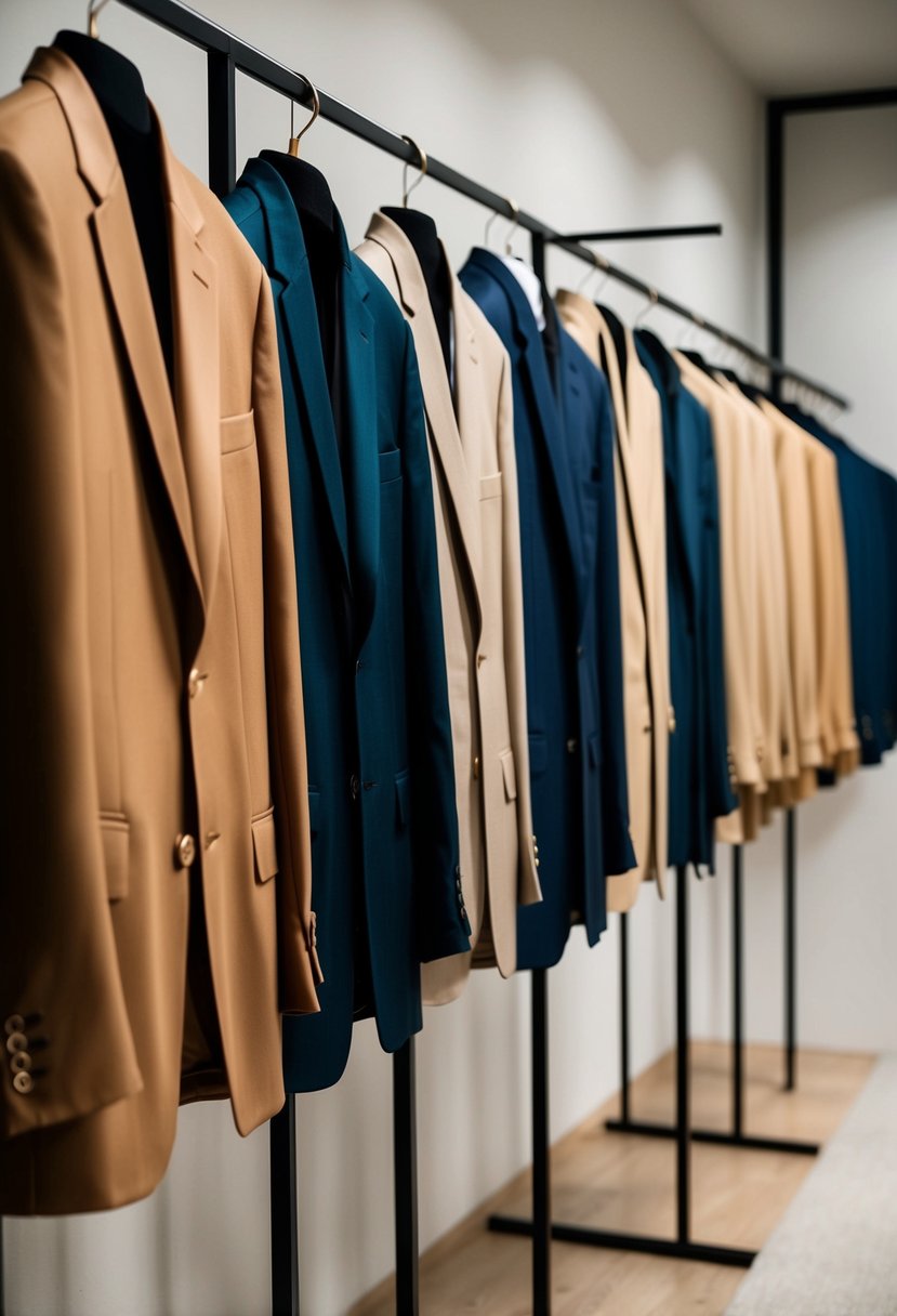 A row of tan and neutral suits displayed on modern racks