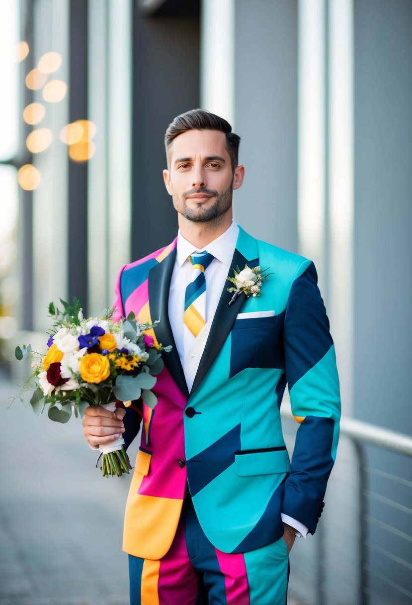 A groom in a modern, non-traditional suit with bold patterns and unconventional colors, standing confidently with a bouquet in hand