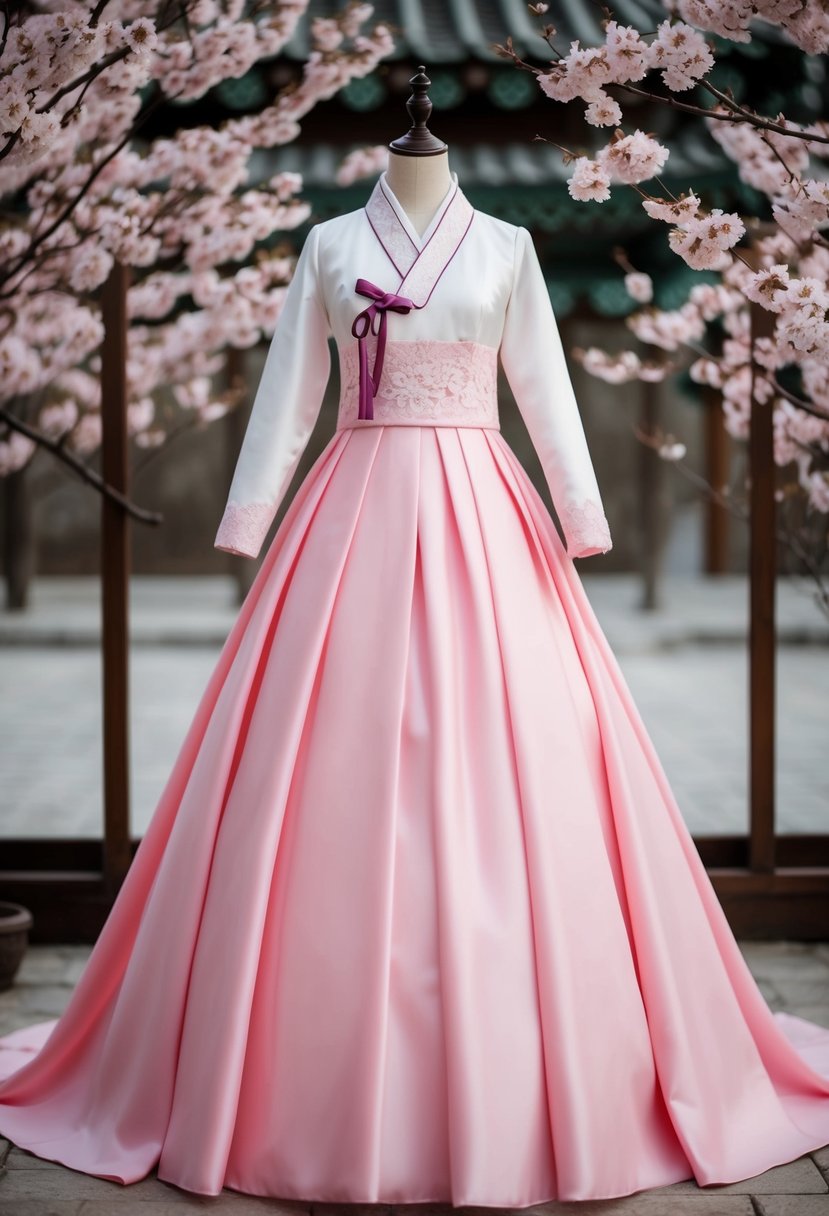 A traditional pink Korean wedding dress displayed on a mannequin, surrounded by cherry blossom branches and delicate lace details