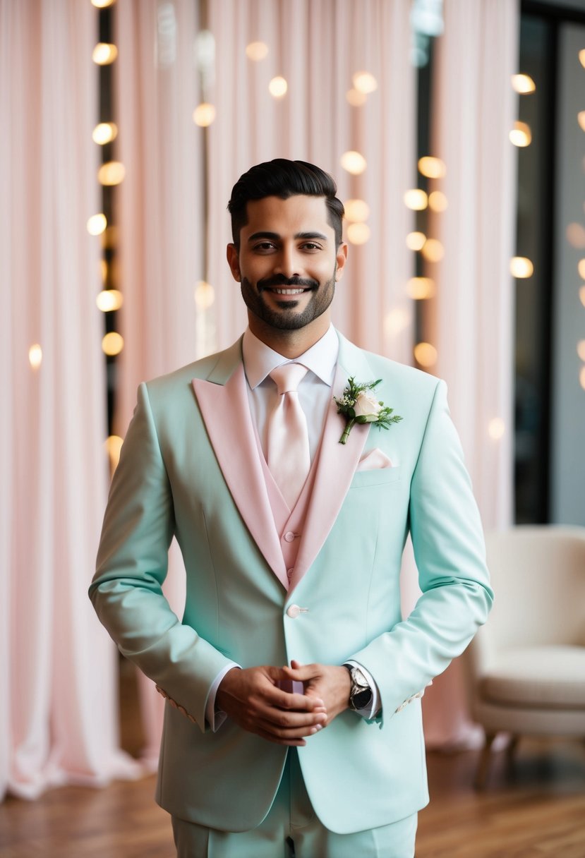 A groom in a pastel suit standing in front of a modern wedding backdrop