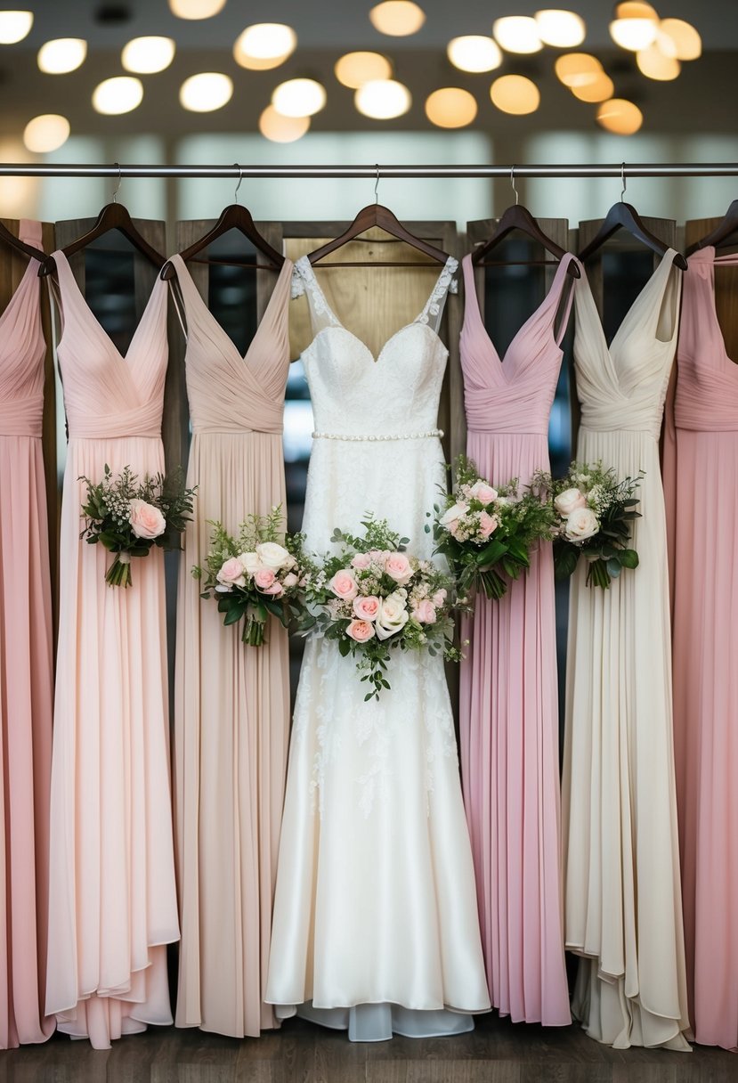 A group of light pink and beige bridesmaid dresses arranged in a stylish and elegant display