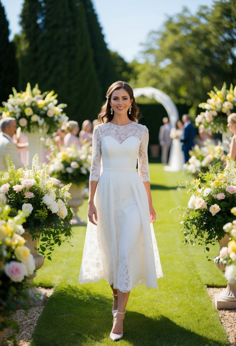 A sunny outdoor garden wedding with a stylish guest wearing a chic lace A-line gown with 3/4 sleeves, surrounded by blooming flowers and elegant decor