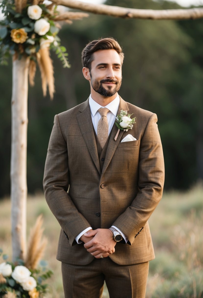 A groom stands in a rustic, outdoor setting wearing a tailored suit in earthy tones that complement the natural decor and overall wedding theme