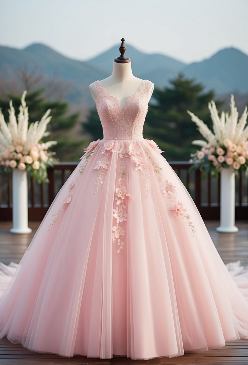 A pastel pink tulle gown with scalloped lace detail, adorned with delicate floral accents, set against a romantic Korean wedding backdrop