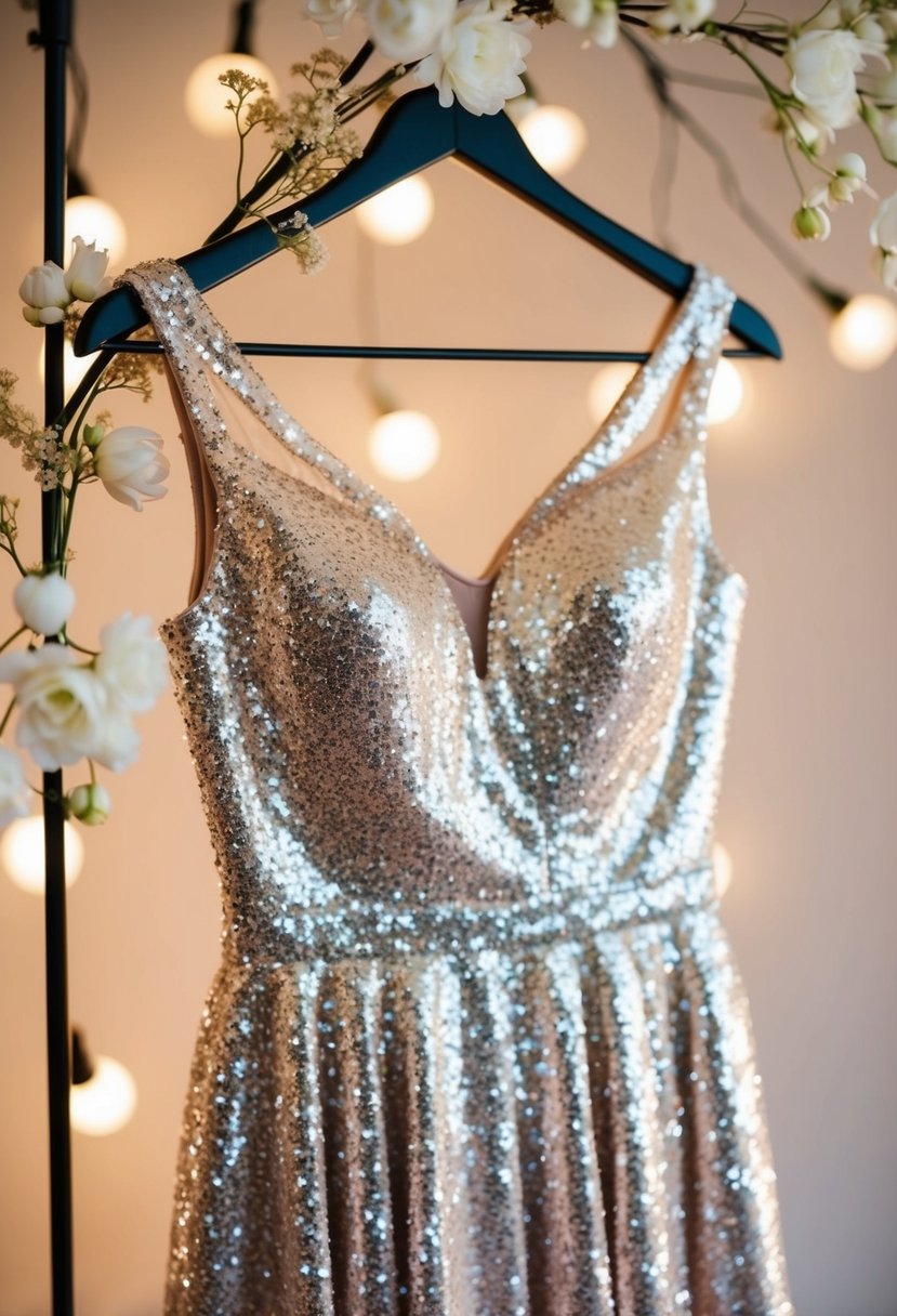 A sparkling sequin party dress hangs on a hanger, surrounded by soft lighting and delicate floral accents