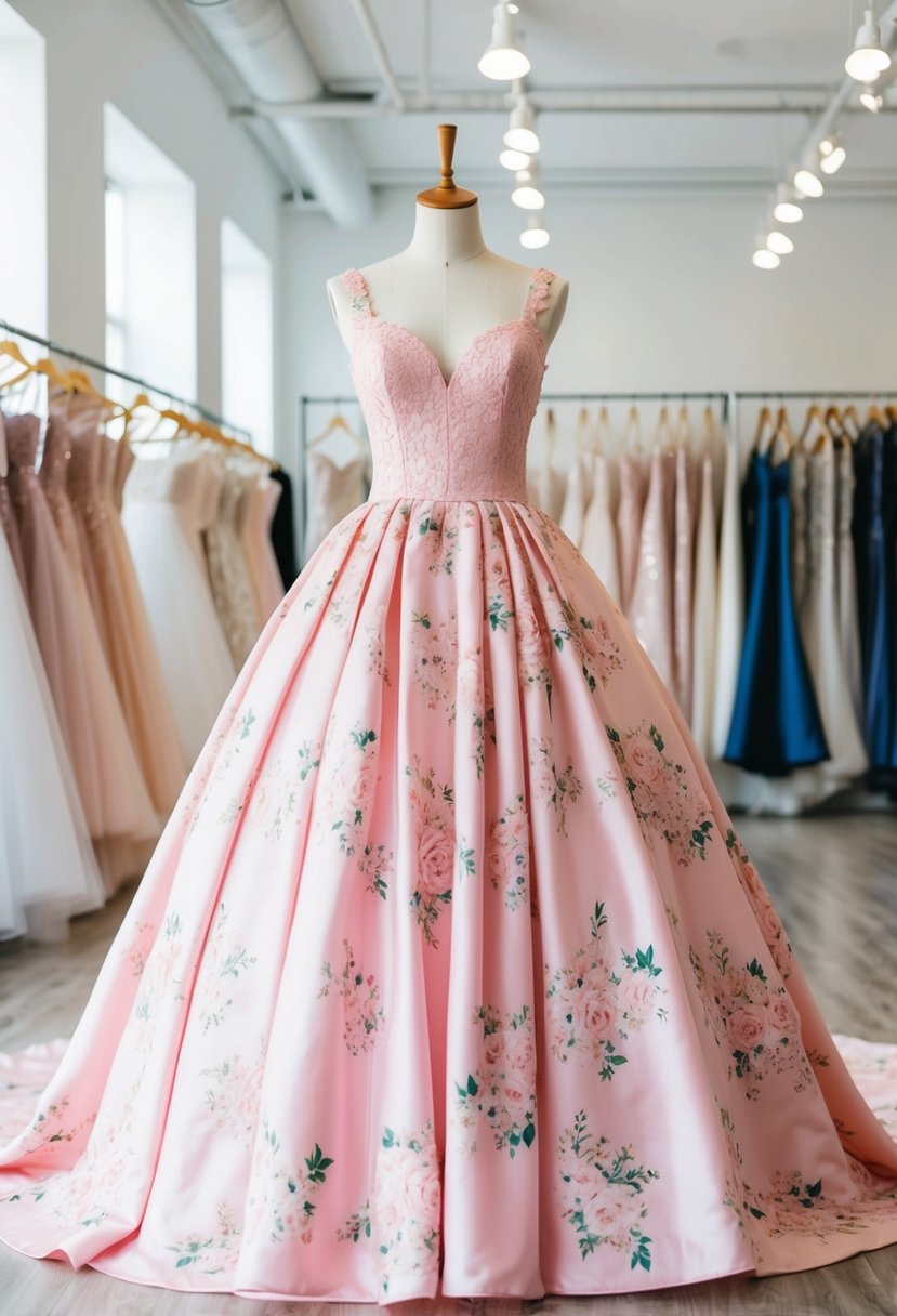 A pink floral princess gown displayed on a mannequin in a bright, airy bridal boutique