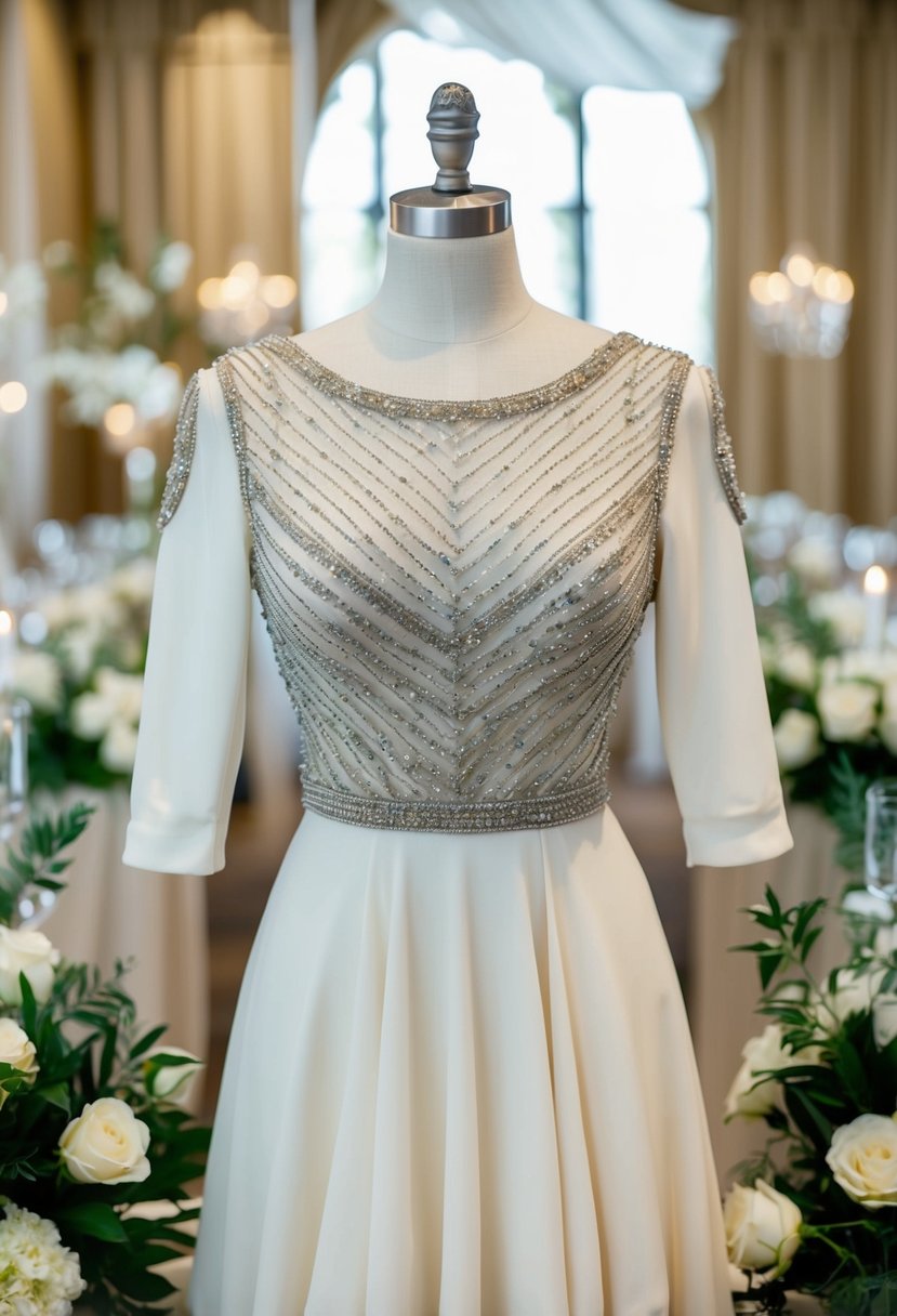 A mannequin wearing a beaded cold shoulder blouson 3/4 sleeve dress, surrounded by elegant wedding decor