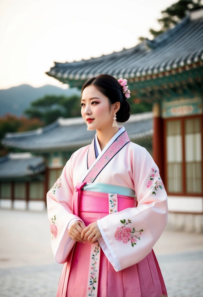 A pink Hanbok adorned with delicate floral accents, set against a serene backdrop of traditional Korean architecture