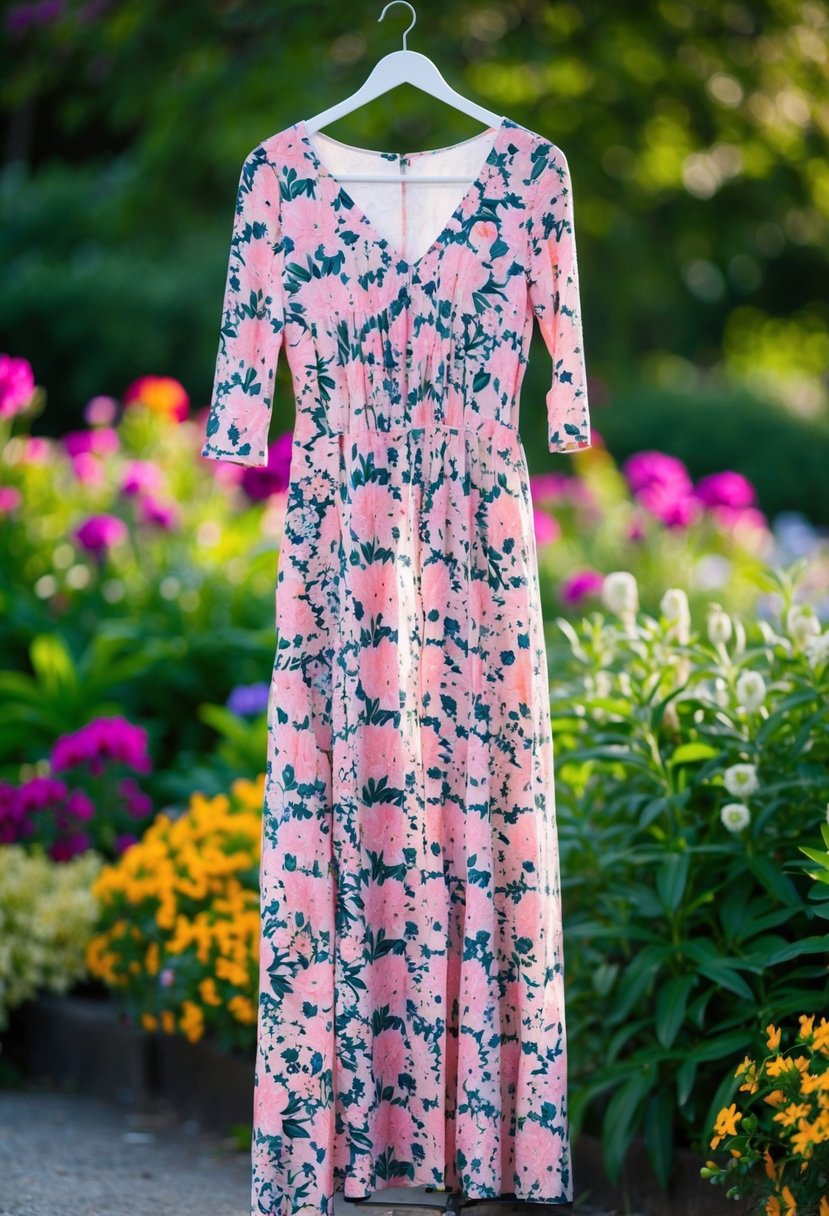 A floral maxi dress with 3/4 sleeves hangs on a hanger, surrounded by colorful blooms and greenery